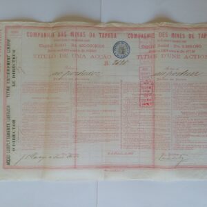 COMPANHIA DAS MINAS DA TAPADA (1882) – Ação Original ao Portador com Carimbos de Dividendos Pagos
